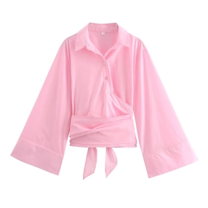 Pink poplin wrap shirt with lapel collar, tie waist detail and wide sleeves for women
