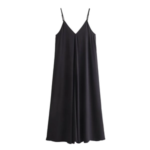 Elegant black V-neck spaghetti strap midi dress with flowy A-line silhouette for women