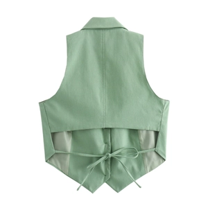 Detail of light green vest back featuring a notched lapel and adjustable bow tie knot
