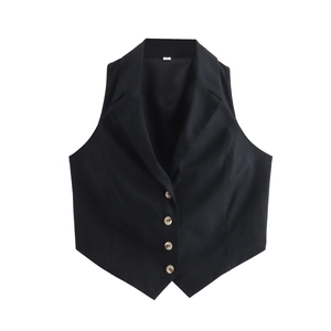 Chic black cropped vest for women with classic lapel collar and four buttons in black