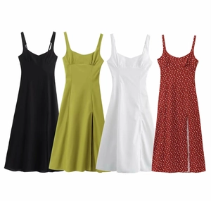 Detail view of four linen maxi dresses with spaghetti straps and side slits in various colors