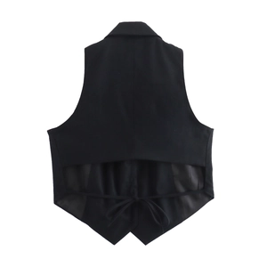 Rear view of a black women's waistcoat featuring a stylish cutout design and adjustable tie