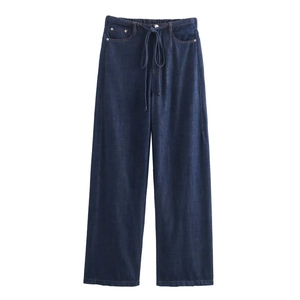 Pantaloni in denim donna 2024 blu scuro con coulisse, gamba larga ed elastico in vita