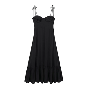 Summer black poplin midi dress with tiered ruffle hem and pleated bodice details