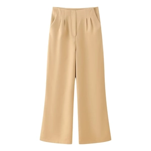 Detail of high-waist wide-leg khaki trousers with front pleats and hidden closure