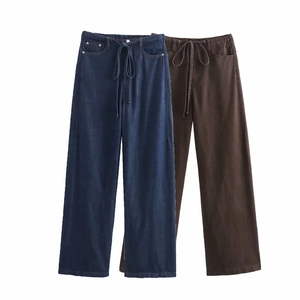 Pantaloni estivi da donna a gamba larga con coulisse in blu navy e marrone
