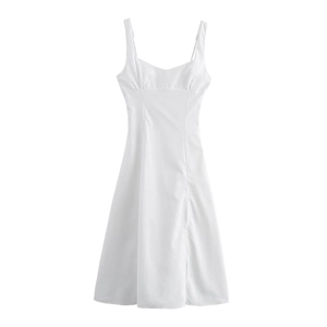 Macro detail of white linen V-neck dress with fine pleats and side slit design