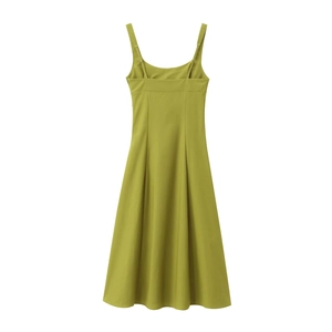 Detail view of the green linen midi dress with a square neckline and thin straps