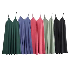 Women V Neck Spaghetti Strap Satin Maxi Dress Summer Casual Solid Color A Line Flowy Cami Dress For Vacation Party Jewelry