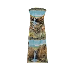 Women Landscape Print Mesh Tube Top Maxi Dress Summer Sexy Slim Fit Ruched Sleeveless Back Slit Bodycon Dress
