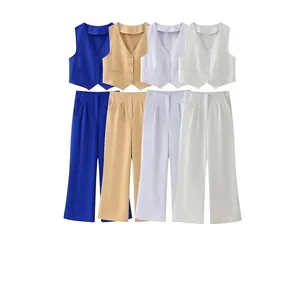 Women Sleeveless V Neck Vest And High Waisted Wide Leg Pants Office Commute Solid Color Elegant Top Trousers Clothing