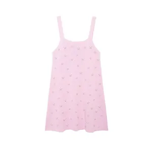 Robe Cami en Tricot Rose Pâle Douce pour Femmes Été avec Décoration Fleurs de Künstliche Perles Ligne A Sans Manches Col Carré Courte