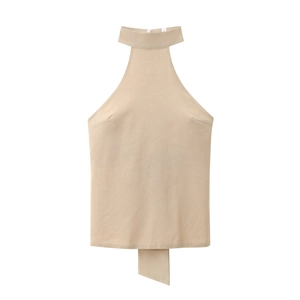 Haut licou beige pour femme avec boucle au dos et coupe ajustée pour l'été