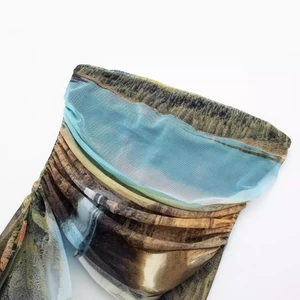 Women's slim fit mesh dress with landscape digital print and elegant layered ruffles