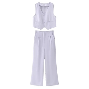Women's lavender summer two-piece vest and high-waist wide-leg trousers suit set