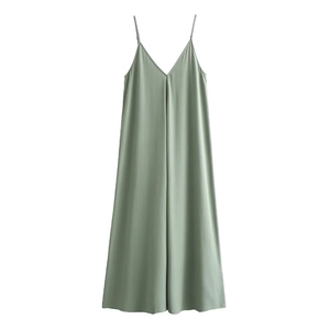 Summer V-neck sleeveless spaghetti strap midi dress in light mint green with a flowy A-line cut