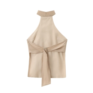 Haut licou beige pour femme avec dos nu et boucle métallique réglable pour un ajustement