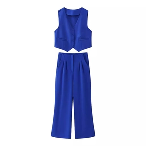 Summer women's two-piece set featuring royal blue V-neck vest and wide-leg trousers