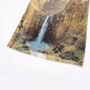 Summer slimming mesh dress with realistic waterfall landscape print on breathable fabric