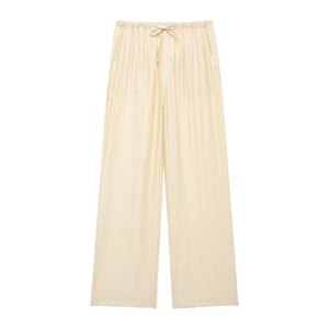 Pantaloni jacquard donna color crema a gamba larga con coulisse elastica in vita