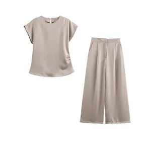 Donna Elegante Raso Increspato Manica a Cuffia Top E Vita Alta Gamba Larga Pantaloni Lunghi Tinta Unita Casual Pendolare Abbigliamento Elegante
