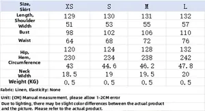 Detailed size chart for women's V-neck linen blend dress including bust and waist measurements