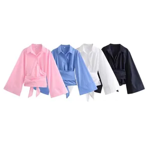 Women's Summer Lapel V-Neck Wrap Tie Waist Poplin Shirt Short Loose Oversized Bell Sleeve Blouse Office Lady Casual Top