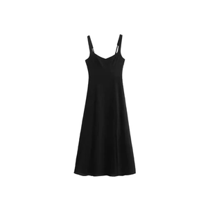 Minimalist black linen V-neck maxi dress with thin straps and a flowing A-line silhouette