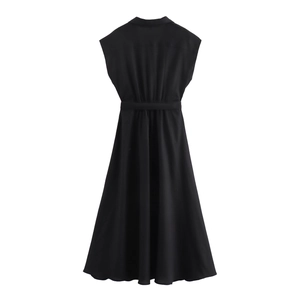 Women's black V-neck sleeveless linen blend shirt dress with belted waistline