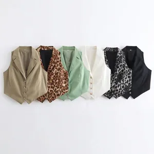 Women's V-hem button-down vest collection in solid colors and leopard prints