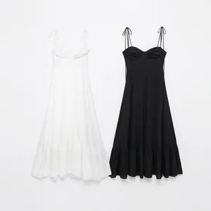Women Poplin Layered Maxi Dress 2024 Summer Ruffle Hem Sling Sleeveless A-Line Casual Elegant Vacation Party Long Dress