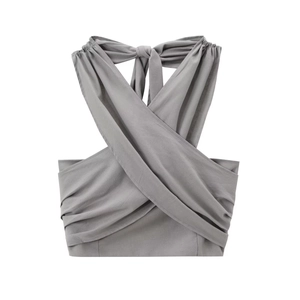 Detailed flat lay of a grey halter wrap top with cross-wrap design and neck tie detail