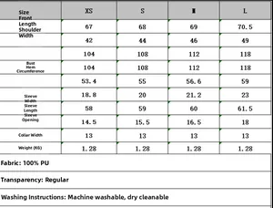 Tableau des tailles pour veste femme montrant les mesures du vêtement en 100 pour cent PU