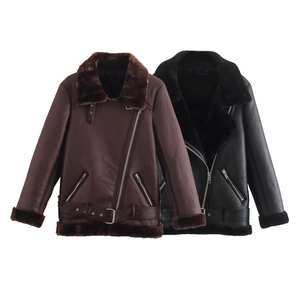 Veste de Motard en Similicuir PU pour Femmes Doublure Chaude en Fausse Fourrure Revers Zippé Manteau Aviateur Shearling Hiver Streetwear