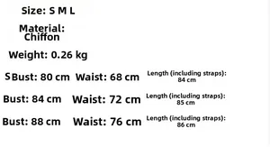 Size chart showing chiffon lace dress measurements for S, M, and L sizes in centimeters