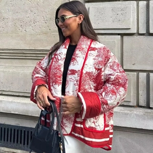 Vintage Toile De Jouy Printed Quilted Jacket For Women Loose Open Front Padded Coat With Pockets Casual Streetwear Outerwear