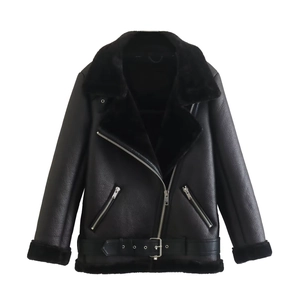 Veste aviateur noire en similicuir pour femme avec doublure chaude et ceinture en métal