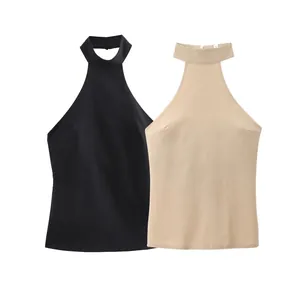 Débardeur Femme Sexy Dos Nu Coupe Slim Sans Manches Été Couleur Unie Aspect Lin Polyester Camisole Streetwear