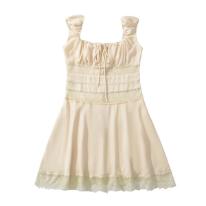 Beige summer lace sleeveless dress with drawstring square neck and ruffled straps