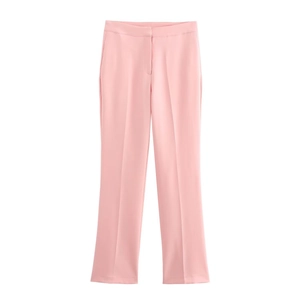 Pantaloni a zampa rosa chiaro a vita alta con piega frontale per donna