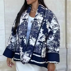French Toile de Jouy print quilted jacket in navy blue with pockets for women