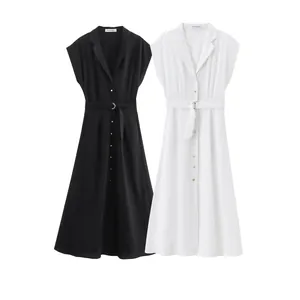 Women Summer Linen Blend Sleeveless Shirt Dress With Belt Elegant V Neck Single Breasted A-Line Solid Color Maxi Dress