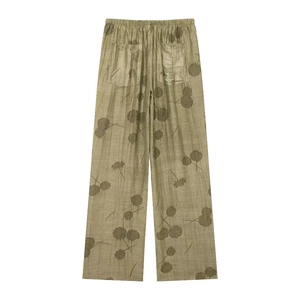 Pantaloni larghi a vita alta verde oliva con strisce verticali e stampe floreali