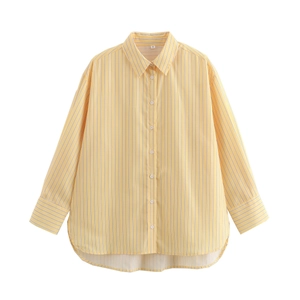 Oversized yellow and white vertical striped shirt with classic collar and curved hem