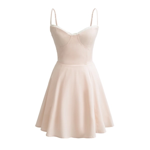 Blush pink bustier mini dress with delicate white lace trim and adjustable straps