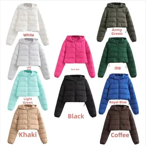 Detailed grid of hooded puffer jackets showing 10 colors including khaki and blue