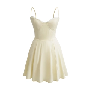 Pale yellow lace-trim camisole mini dress with pleated skirt and corset bodice detail