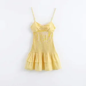 Women Summer Gingham V Neck Bow Knot Spaghetti Strap Mini Dress Smocking A-Line Ruffle Summer Vacation Beach Short Dress