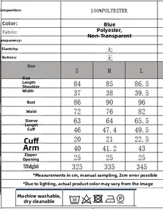 Size chart for V-neck floral long sleeve dress showing polyester fabric specs and cm units