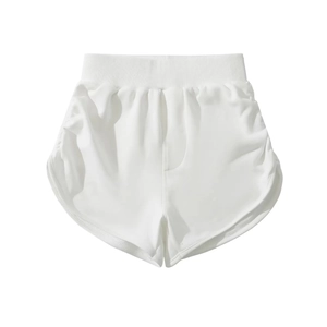 Women's white high-waisted sports shorts with side ruching and elastic wide waistband